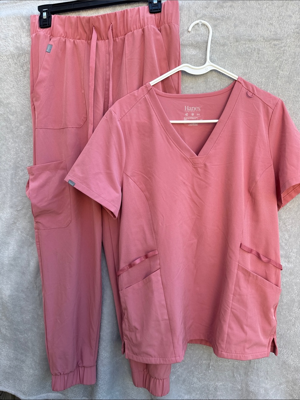 Hanes Rose Pink V-Neck Scrub Top and Jogger Set